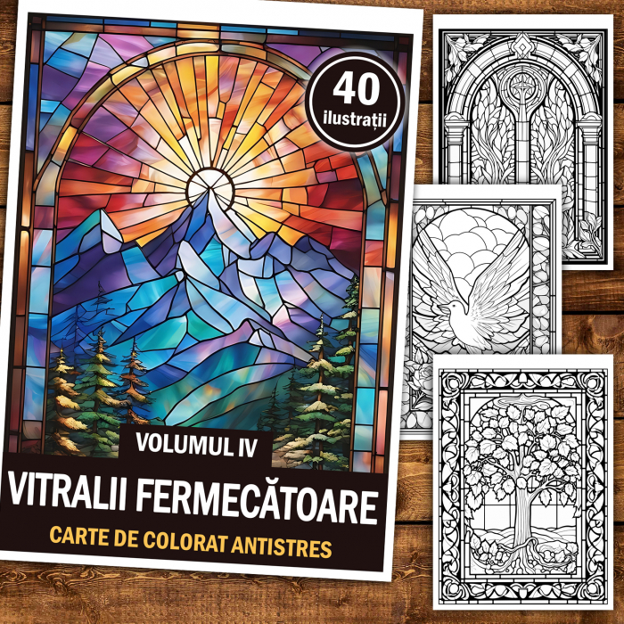 Carte de colorat antistres , 40 de ilustratii Vitralii Fermecatoare - Volumul IV, 86 pagini [2]