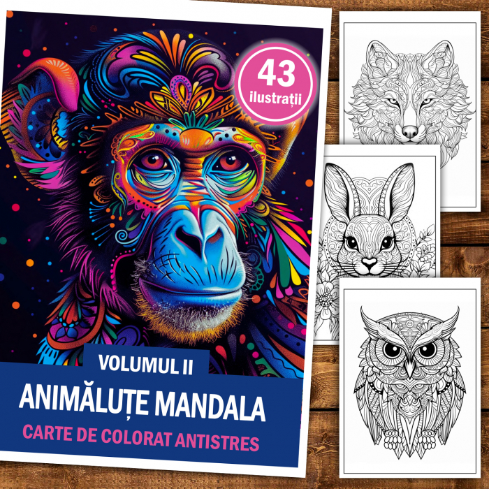 Carte de colorat antistres , 43 de ilustratii Animale Mandala - Volumul II, 92 pagini [2]