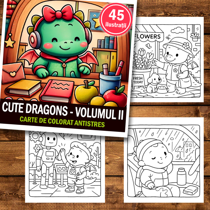 Carte de colorat antistres , 45 de ilustratii Cute Dragons - Volumul II, 96 pagini [2]