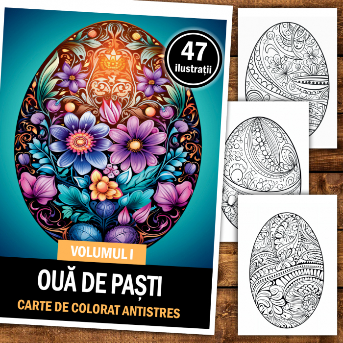 Carte de colorat antistres , 47 de ilustratii Oua de Pasti - Volumul I, 100 pagini [2]