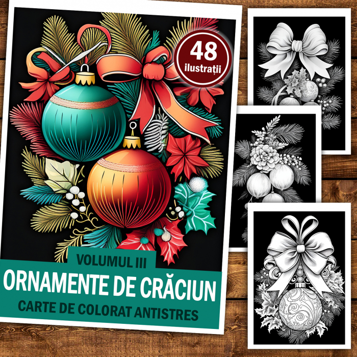 Carte de colorat antistres , 48 de ilustratii Ornamente de Craciun - Volumul III, 102 pagini [2]