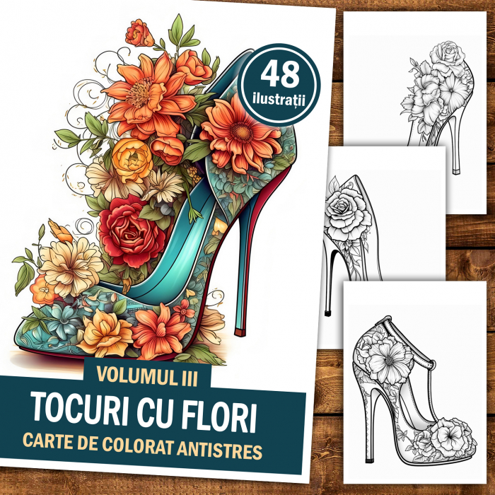 Carte de colorat antistres , 48 de ilustratii Tocuri cu flori - Volumul III, 102 pagini [2]