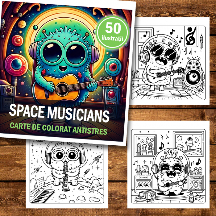 Carte de colorat antistres , 50 de ilustratii Adorable Space Musicians, 106 pagini [2]