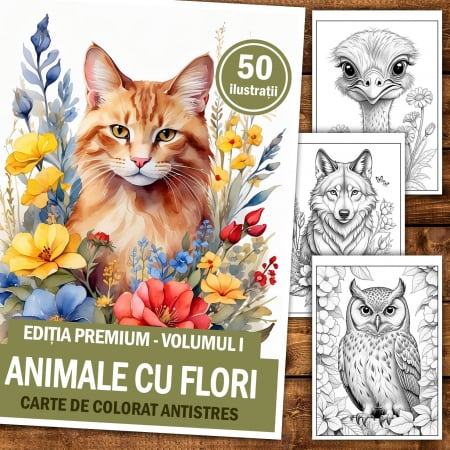Carte de colorat antistres, 50 de ilustratii Animale cu Flori - Editia Premium - Volumul I [2]