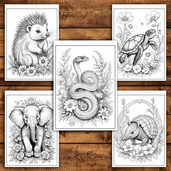 Carte de colorat antistres, 50 de ilustratii Animale cu Flori - Editia Premium - Volumul II [4]