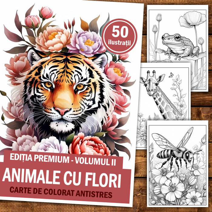 Carte de colorat antistres, 50 de ilustratii Animale cu Flori - Editia Premium - Volumul II [2]