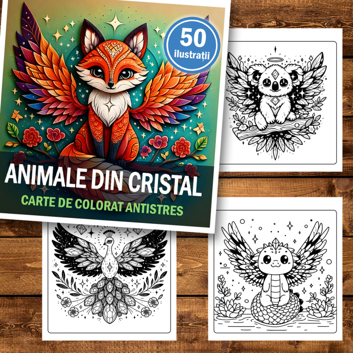 Carte de colorat antistres , 50 de ilustratii Animale din Cristal, 106 pagini [2]