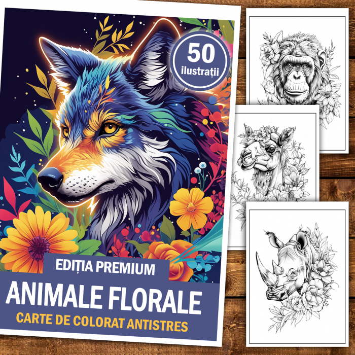 Carte de colorat antistres, 50 de ilustratii Animale Florale - Editia Premium [2]