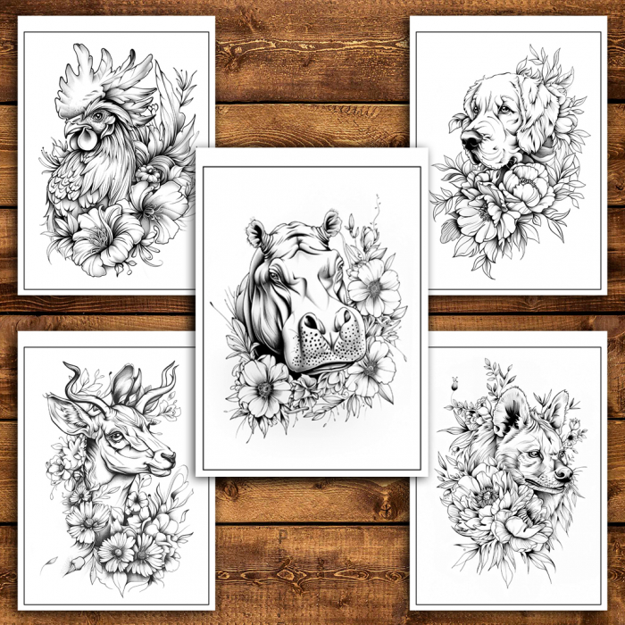 Carte de colorat antistres, 50 de ilustratii Animale Florale - Editia Premium [4]