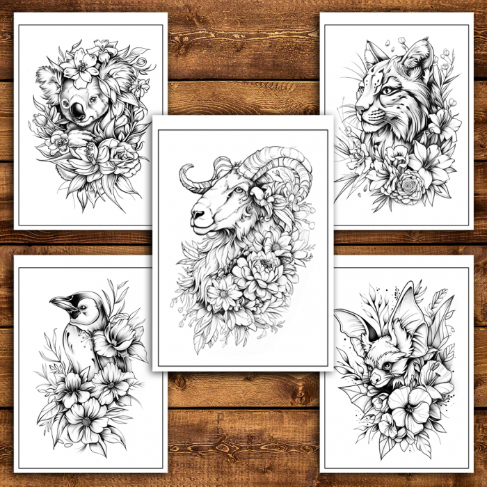 Carte de colorat antistres, 50 de ilustratii Animale Florale - Editia Premium [5]