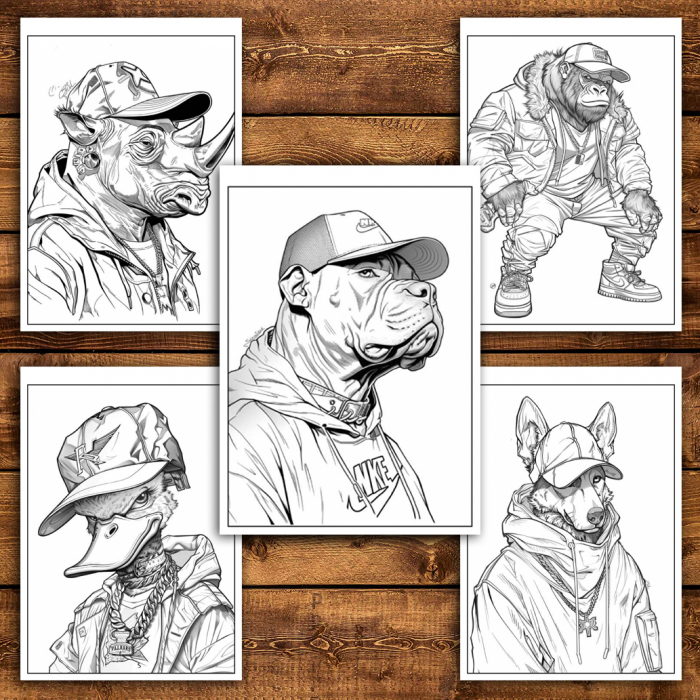 Carte de colorat antistres , 50 de ilustratii Animale Hip-Hop - Volumul I, 106 pagini [5]