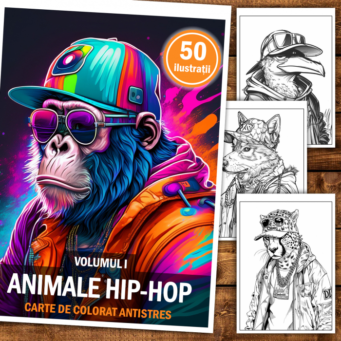 Carte de colorat antistres , 50 de ilustratii Animale Hip-Hop - Volumul I, 106 pagini [2]