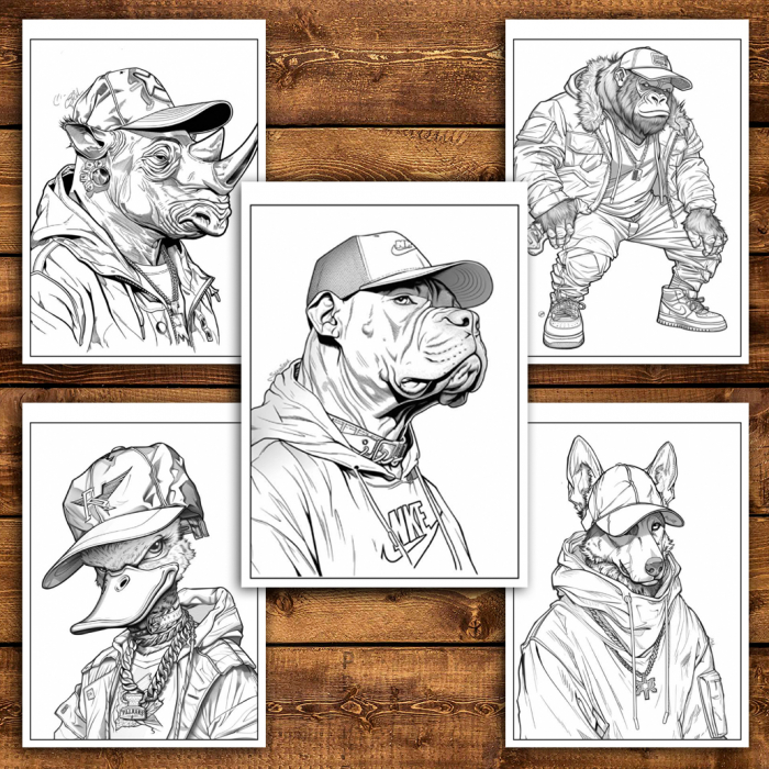 Carte de colorat antistres , 50 de ilustratii Animale Hip-Hop - Volumul I, 106 pagini [5]