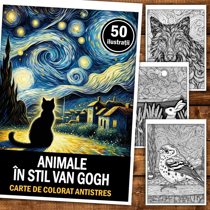 Carte de colorat antistres, 50 de ilustratii Animale in stil Van Gogh [2]