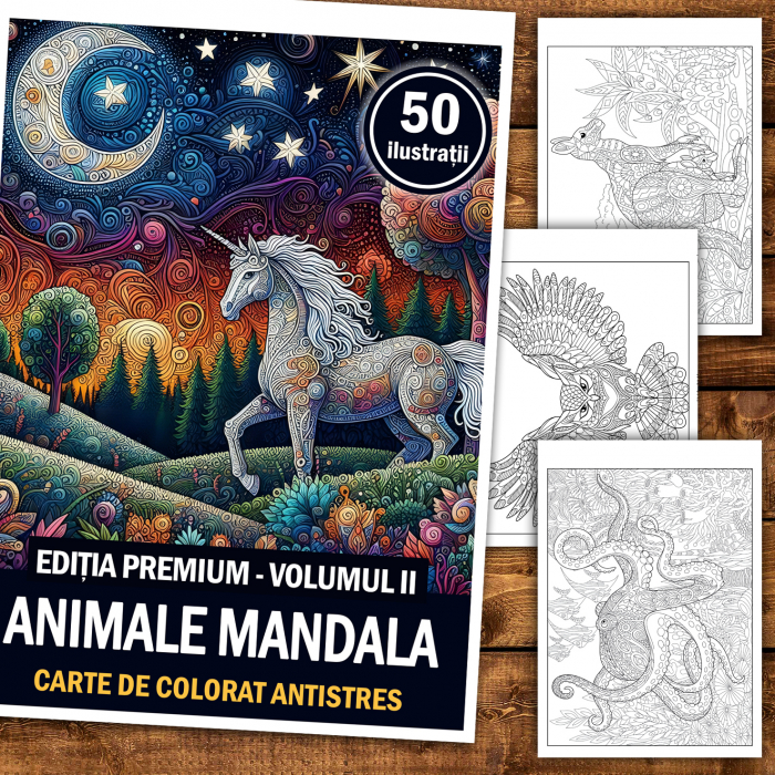 Carte de colorat antistres, 50 de ilustratii Animale Mandala - Editia Premium - Volumul II [2]
