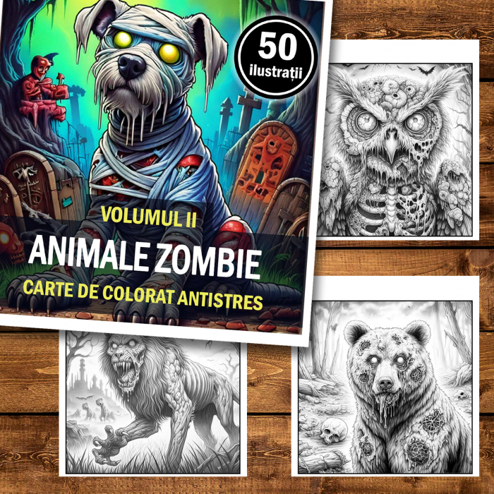 Carte de colorat antistres , 50 de ilustratii Animale Zombie - Volumul II, 106 pagini [2]
