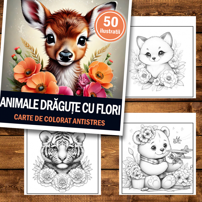 Carte de colorat antistres , 50 de ilustratii Animalute Dragute cu Flori, 106 pagini [2]