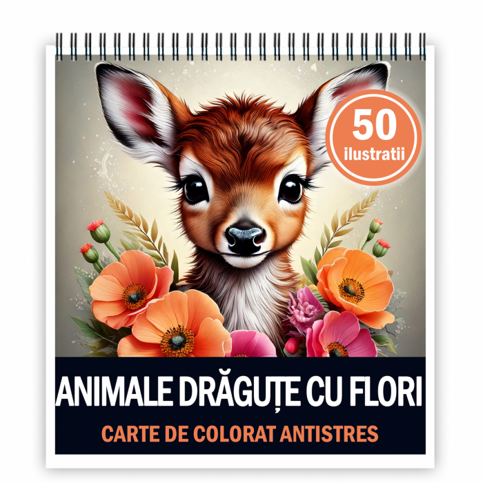 Carte de colorat antistres , 50 de ilustratii Animalute Dragute cu Flori, 106 pagini [1]