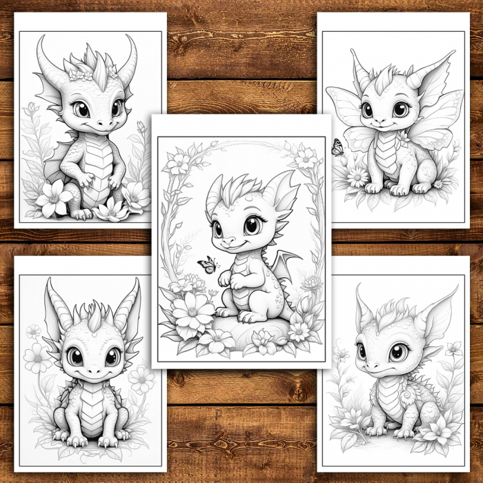 Carte de colorat antistres , 50 de ilustratii Bebe Dragoni si Flori, 106 pagini [4]