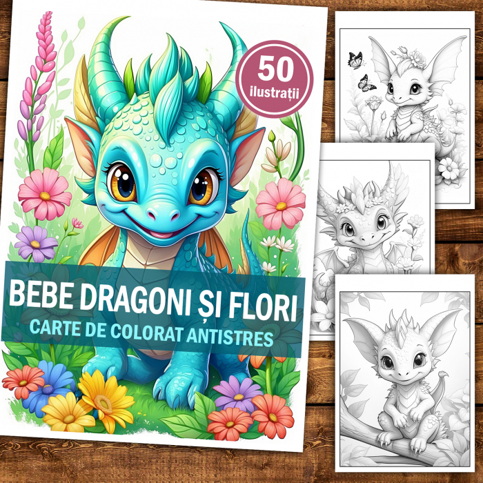 Carte de colorat antistres , 50 de ilustratii Bebe Dragoni si Flori, 106 pagini [2]