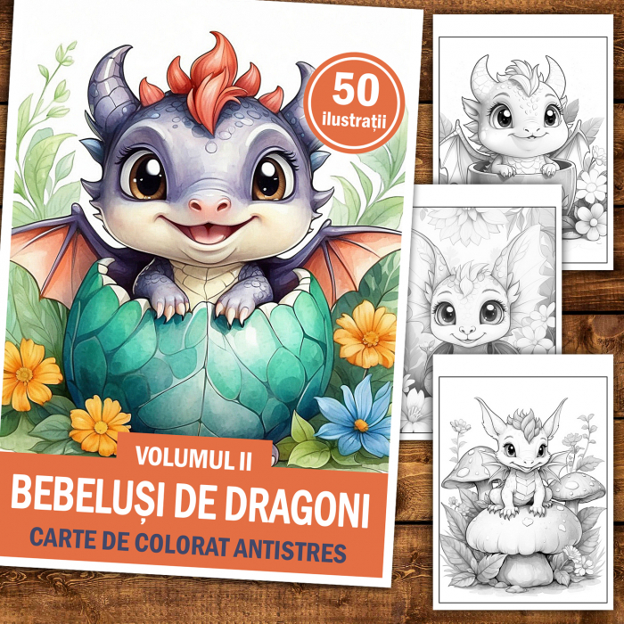 Carte de colorat antistres , 50 de ilustratii Bebelusi de Dragoni - Volumul II, 106 pagini [2]
