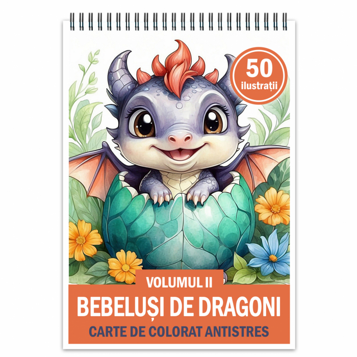 Carte de colorat antistres , 50 de ilustratii Bebelusi de Dragoni - Volumul II, 106 pagini [1]