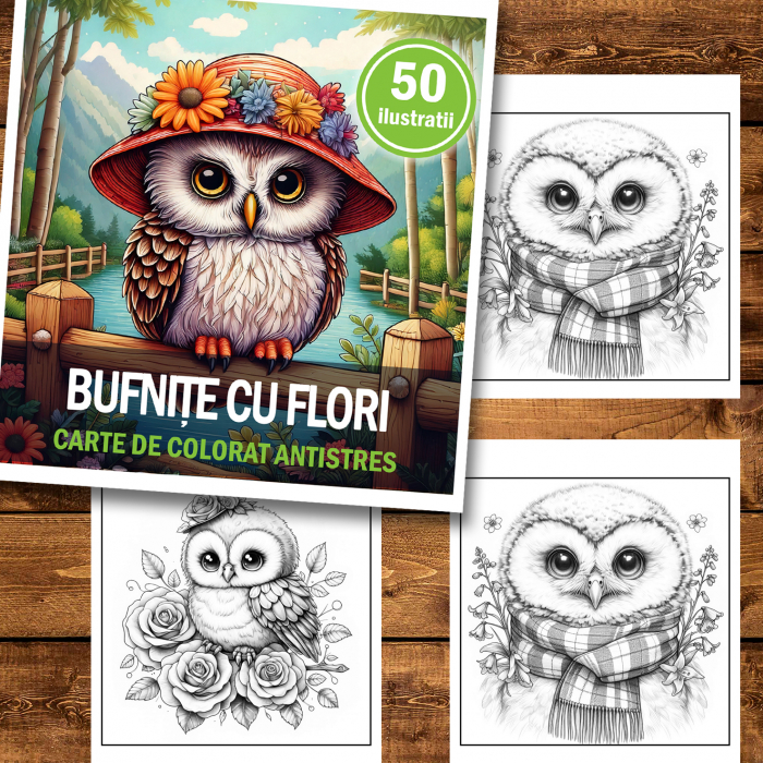 Carte de colorat antistres , 50 de ilustratii Bufnite cu flori, 106 pagini [2]