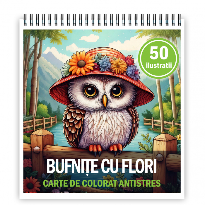 Carte de colorat antistres , 50 de ilustratii Bufnite cu flori, 106 pagini [1]