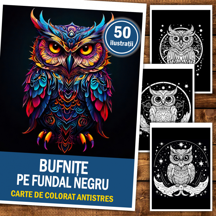 Carte de colorat antistres , 50 de ilustratii Bufnite pe fundal negru, 106 pagini [2]