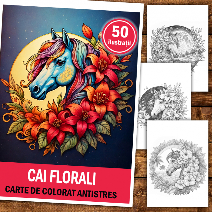 Carte de colorat antistres , 50 de ilustratii Cai Florali, 106 pagini [2]