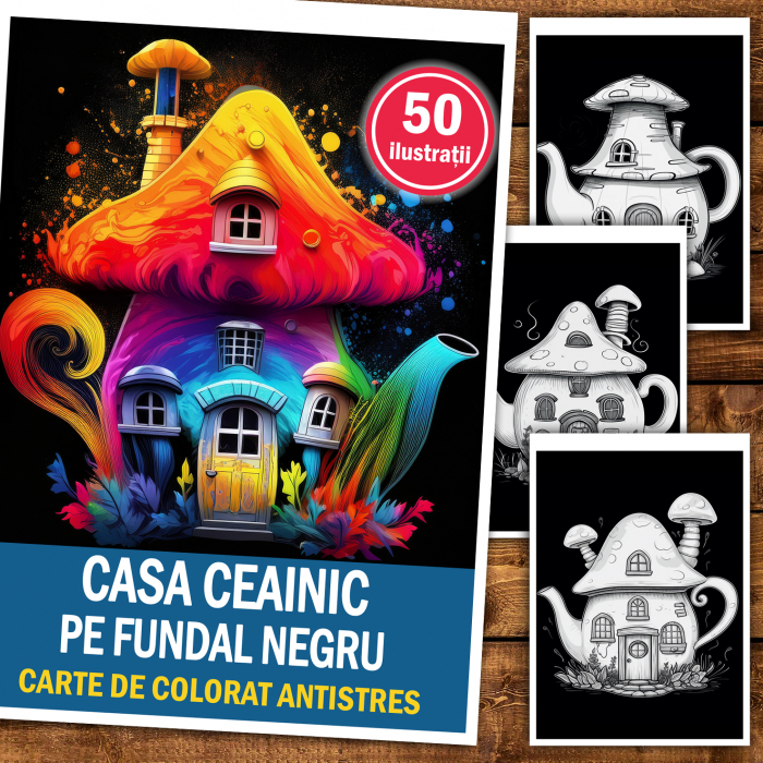 Carte de colorat antistres , 50 de ilustratii Casa Ceainic pe Fundal Negru, 106 pagini [2]