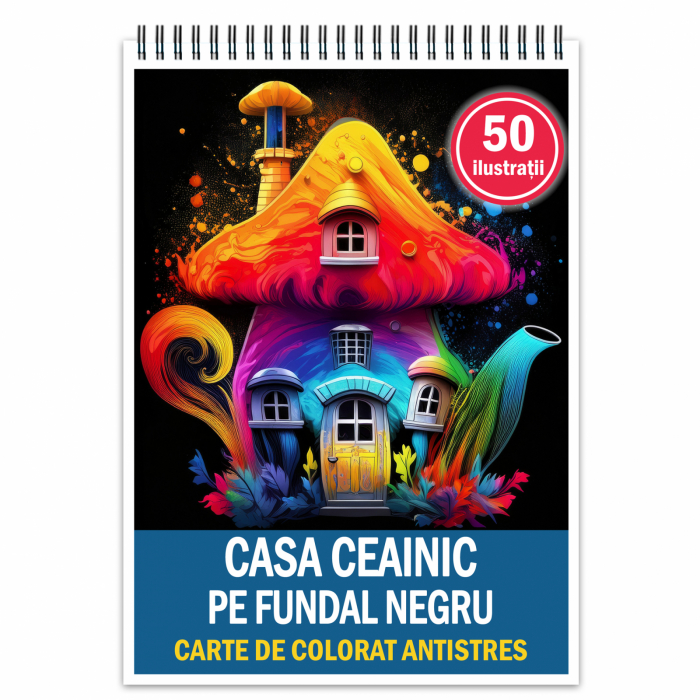 Carte de colorat antistres , 50 de ilustratii Casa Ceainic pe Fundal Negru, 106 pagini [1]