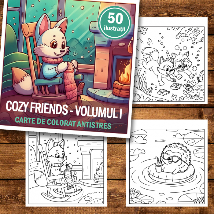 Carte de colorat antistres , 50 de ilustratii Cozy Friends - Volumul I, 106 pagini [2]