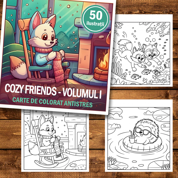 Carte de colorat antistres , 50 de ilustratii Cozy Friends - Volumul I, 106 pagini [2]