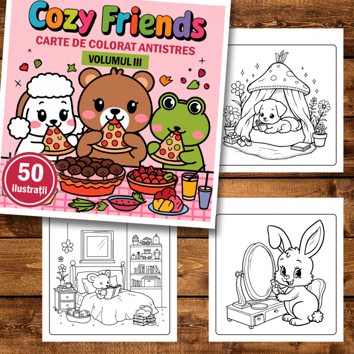 Carte de colorat antistres , 50 de ilustratii Cozy Friends - Volumul III, 106 pagini [2]
