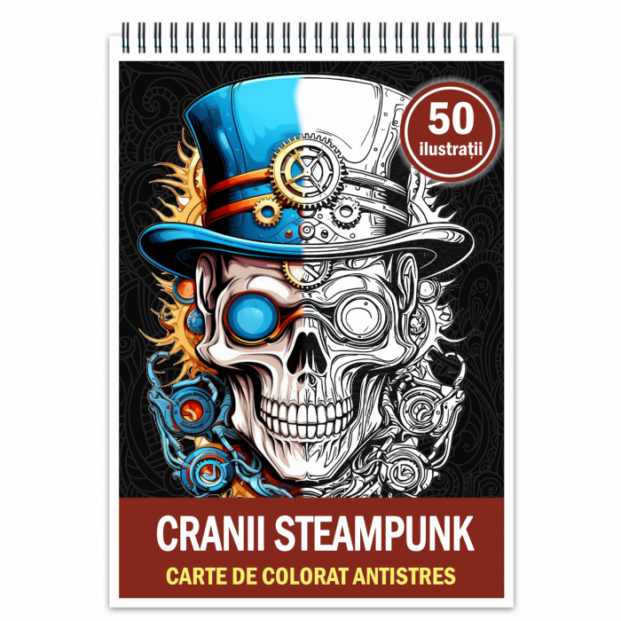 Carte de colorat antistres , 50 de ilustratii Cranii Steampunk, 106 pagini [1]
