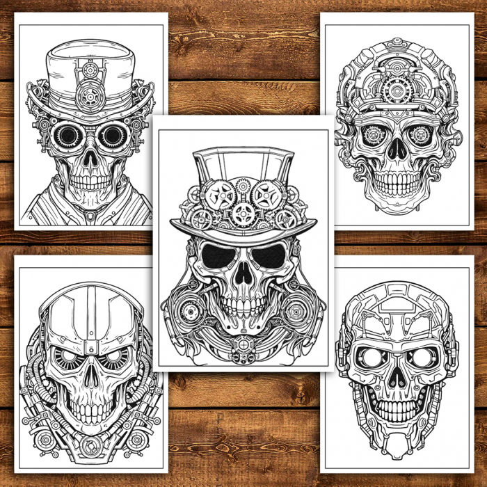 Carte de colorat antistres , 50 de ilustratii Cranii Steampunk, 106 pagini [5]