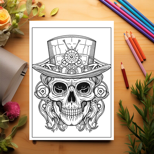 Carte de colorat antistres , 50 de ilustratii Cranii Steampunk, 106 pagini [3]