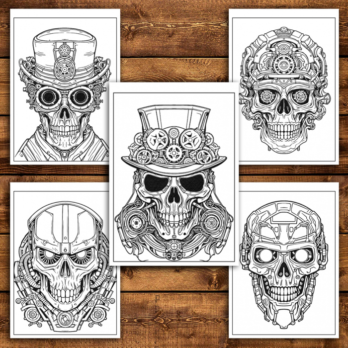Carte de colorat antistres , 50 de ilustratii Cranii Steampunk, 106 pagini [5]