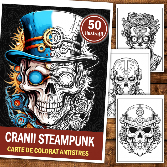 Carte de colorat antistres , 50 de ilustratii Cranii Steampunk, 106 pagini [2]
