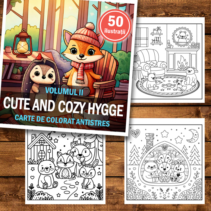 Carte de colorat antistres , 50 de ilustratii Cute and Cozy Hygge - Volumul II, 106 pagini [2]