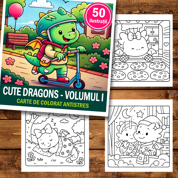 Carte de colorat antistres , 50 de ilustratii Cute Dragons - Volumul I, 106 pagini [2]