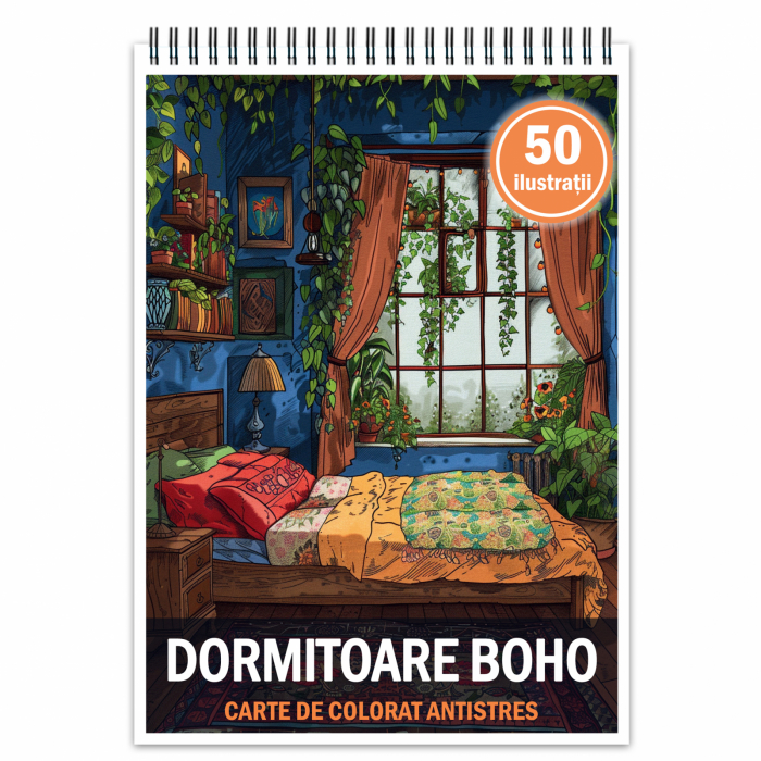 Carte de colorat antistres , 50 de ilustratii Dormitoare Boho, 106 pagini [1]