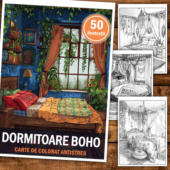 Carte de colorat antistres , 50 de ilustratii Dormitoare Boho, 106 pagini [2]