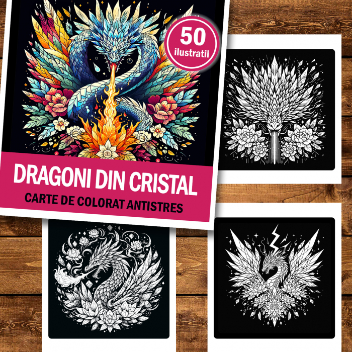 Carte de colorat antistres , 50 de ilustratii Dragoni din Cristal, 106 pagini [2]
