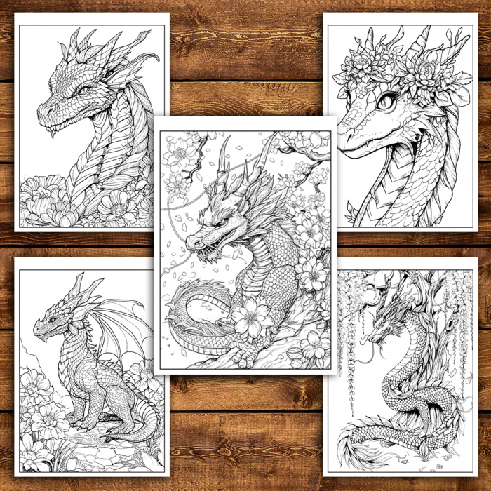 Carte de colorat antistres , 50 de ilustratii Dragoni si Flori, 106 pagini [5]
