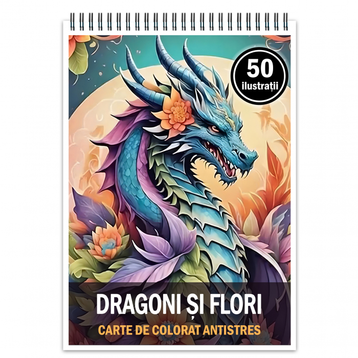 Carte de colorat antistres , 50 de ilustratii Dragoni si Flori, 106 pagini [1]
