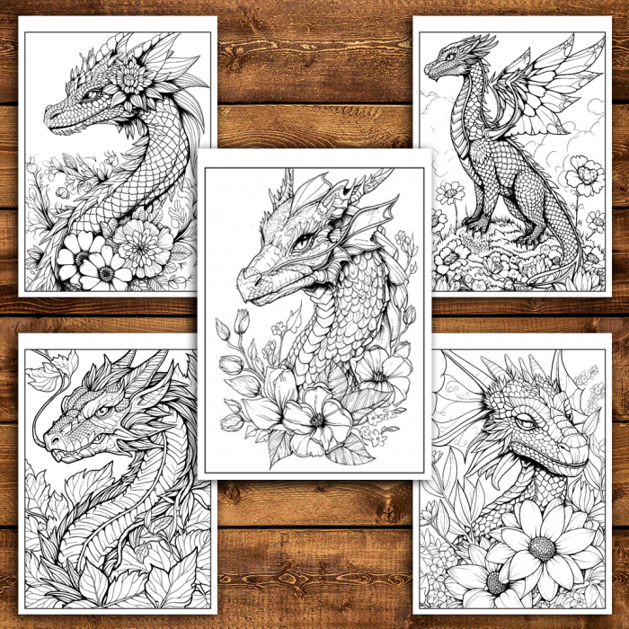 Carte de colorat antistres , 50 de ilustratii Dragoni si Flori, 106 pagini [4]