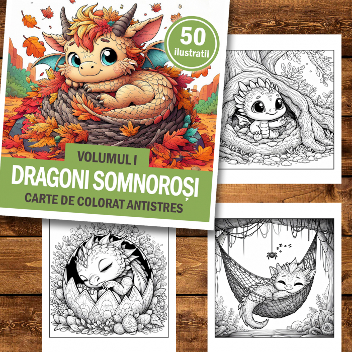 Carte de colorat antistres , 50 de ilustratii Dragoni Somnosori - Volumul I, 106 pagini [2]