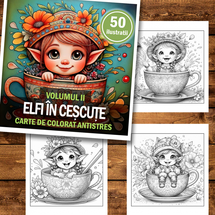 Carte de colorat antistres , 50 de ilustratii Elfi in Cescute - Volumul II, 106 pagini [2]